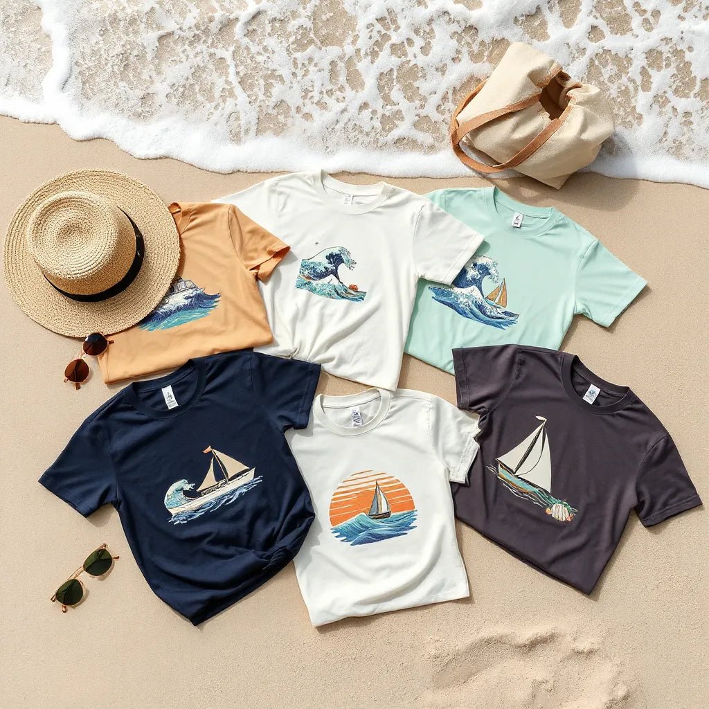 Coastal themed graphic tees in ocean colors laid on sand with a straw hat and sunglasses nearby
