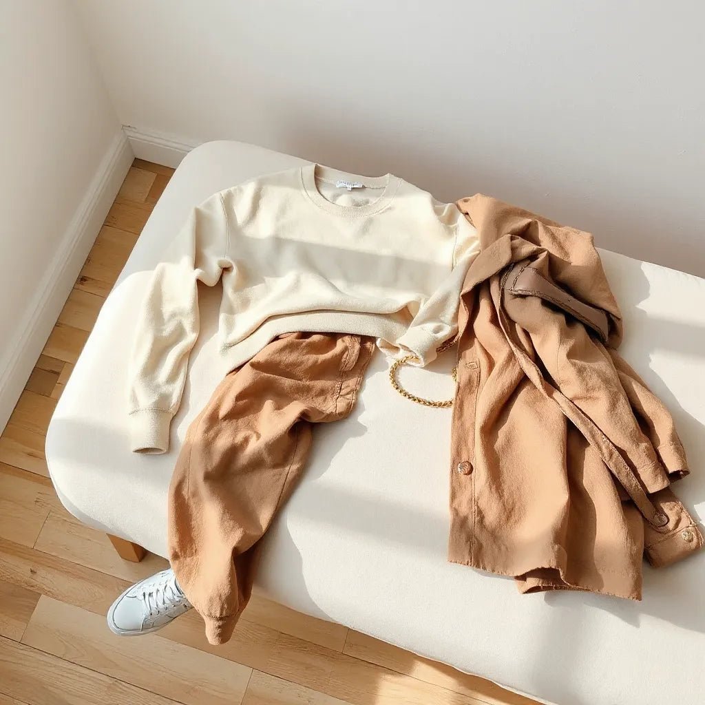 Neutral weekend outfit layout with relaxed sweatshirt and pants, styled with casual sneakers and a bag