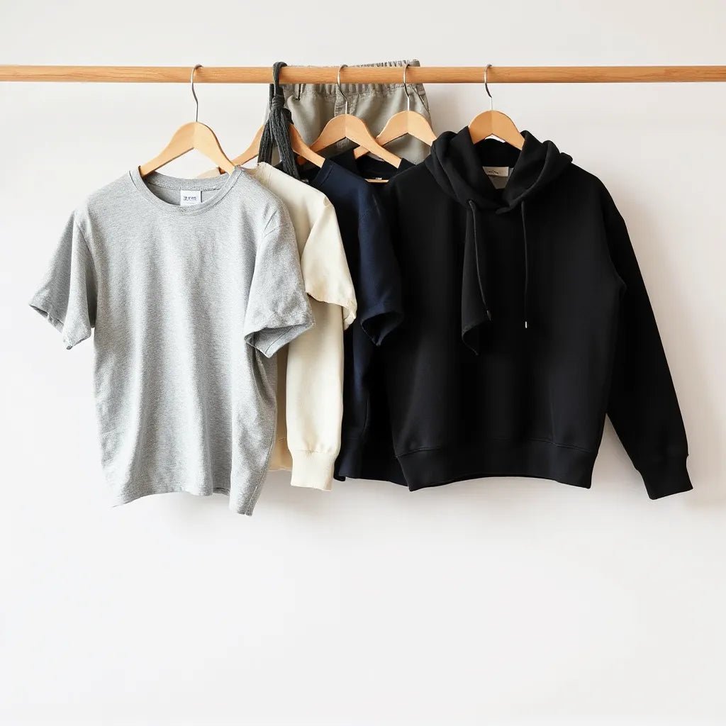 Folded cotton tees and hoodies in neutral colors with visible fabric texture
