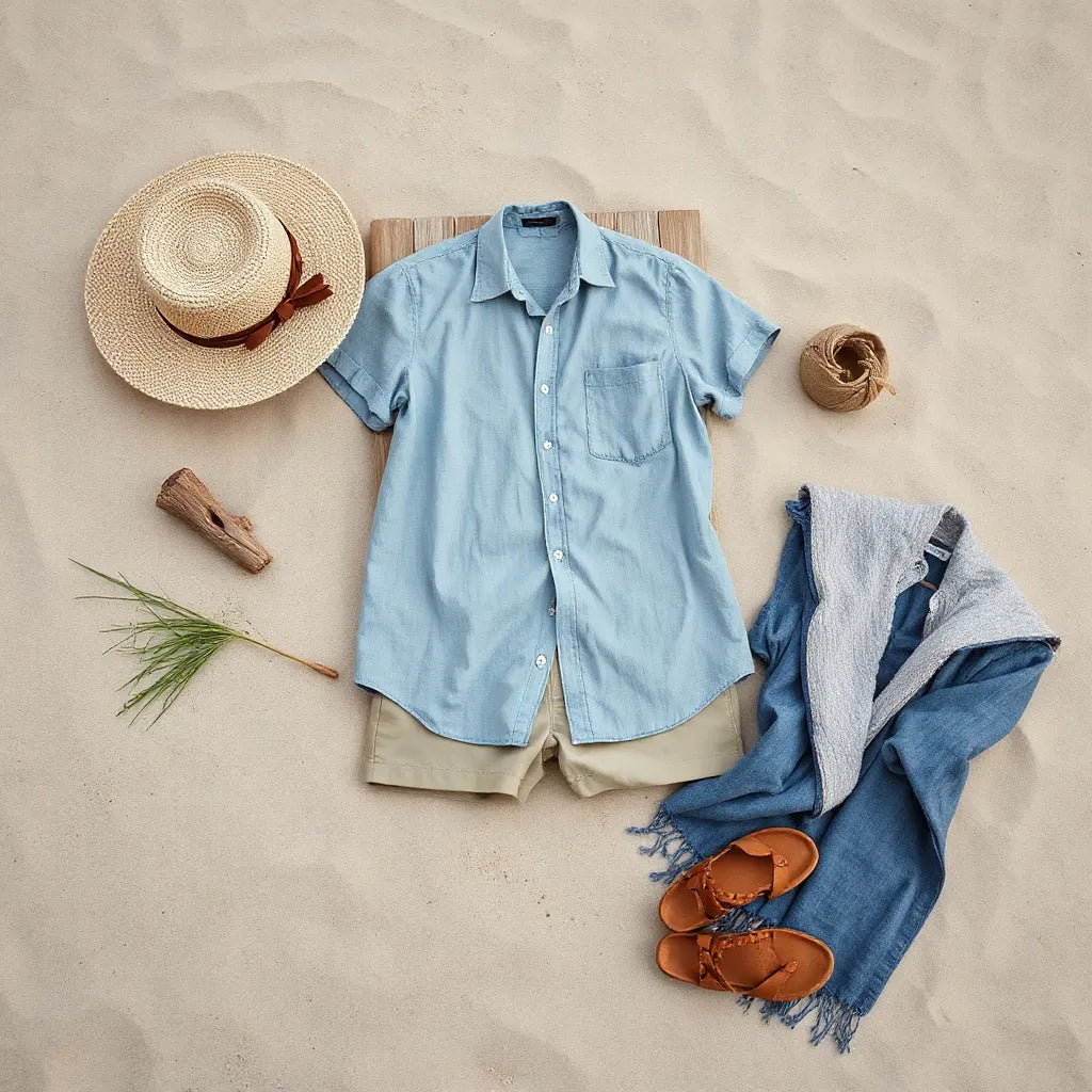 Washed linen shirt and faded denim shorts styled on sand with a tote, sandals, and straw hat
