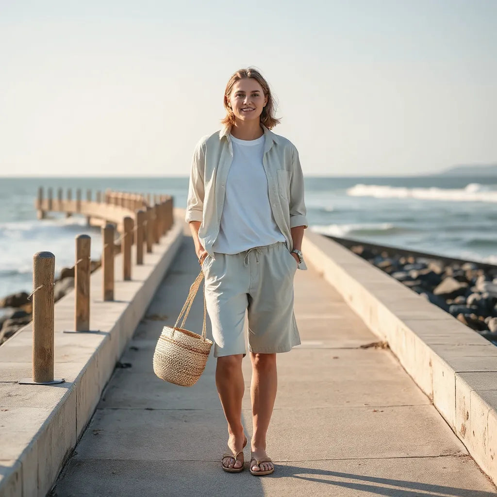 Relaxed coastal outfit in neutral tones on a seaside walkway with ocean waves in the background