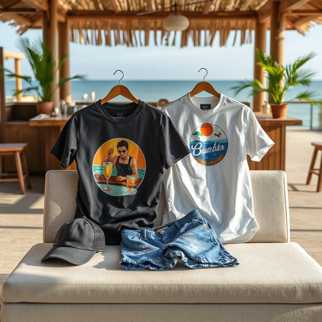 Graphic beach-themed shirts laid out on a bench with a sunlit beach bar patio in the background.