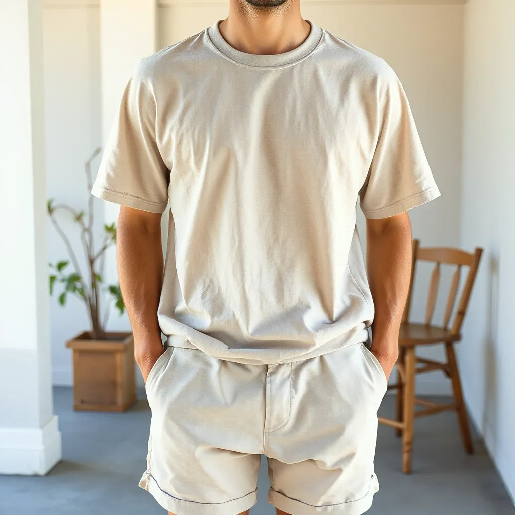 Relaxed summer cotton t-shirt styled casually with shorts in bright natural daylight