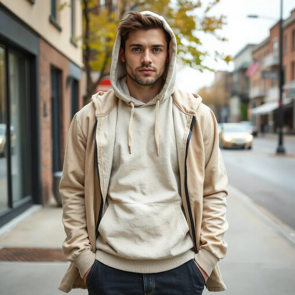 Neutral hoodie layered under a light jacket in cool transitional weather, showing comfortable layering details