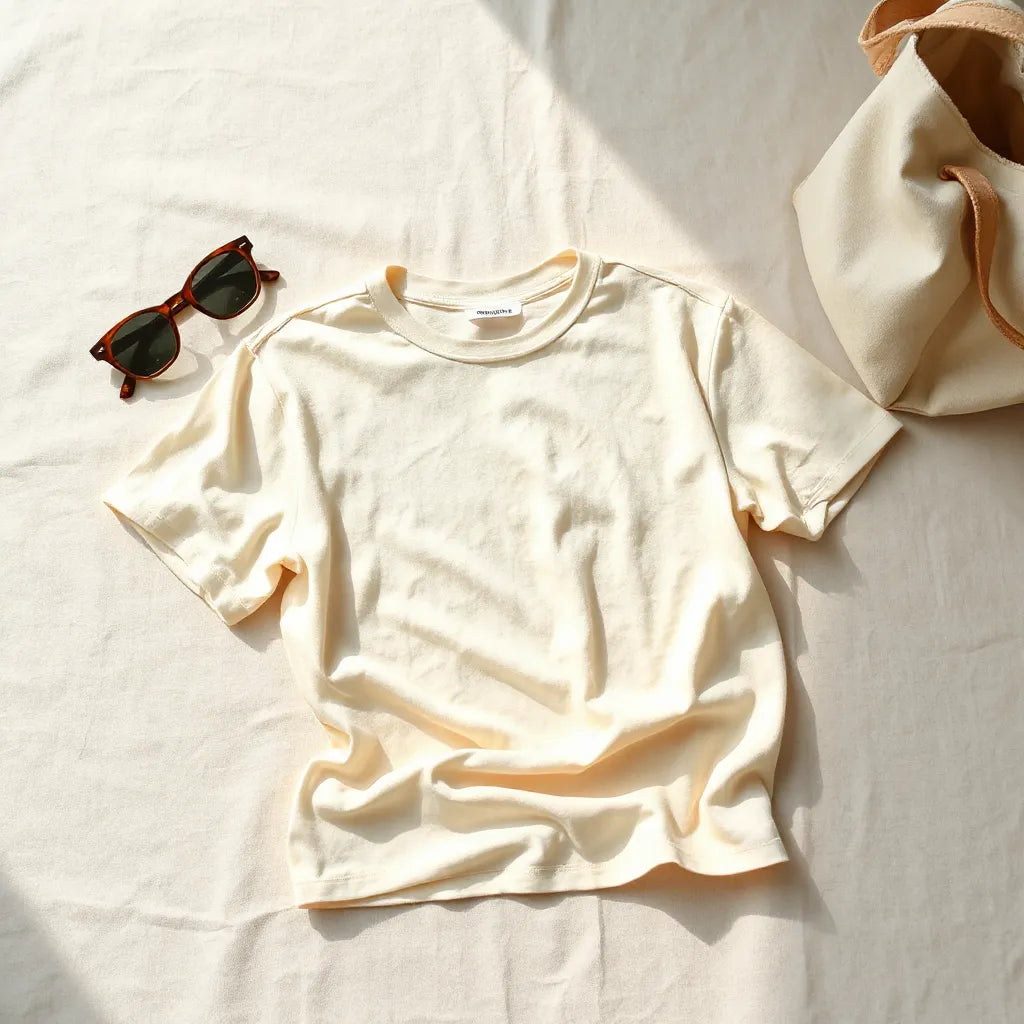 Relaxed fit summer tee neatly folded with visible fabric texture on a sunlit, minimal background