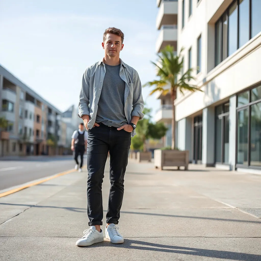 Adult in a relaxed modern outfit with overshirt, tee, chinos or jeans, and casual sneakers outdoors