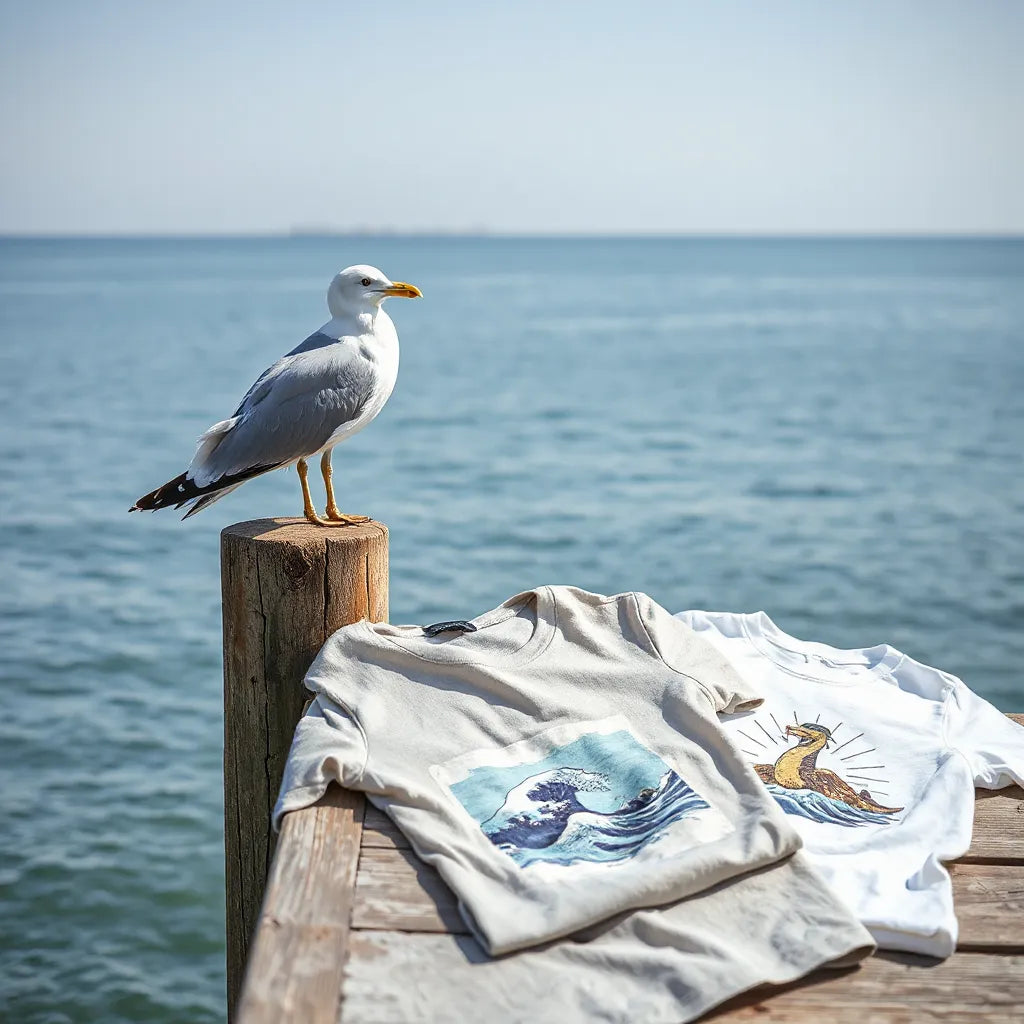 Seagull by a calm ocean horizon with neatly folded ocean graphic tees featuring subtle wave and seagull artwork