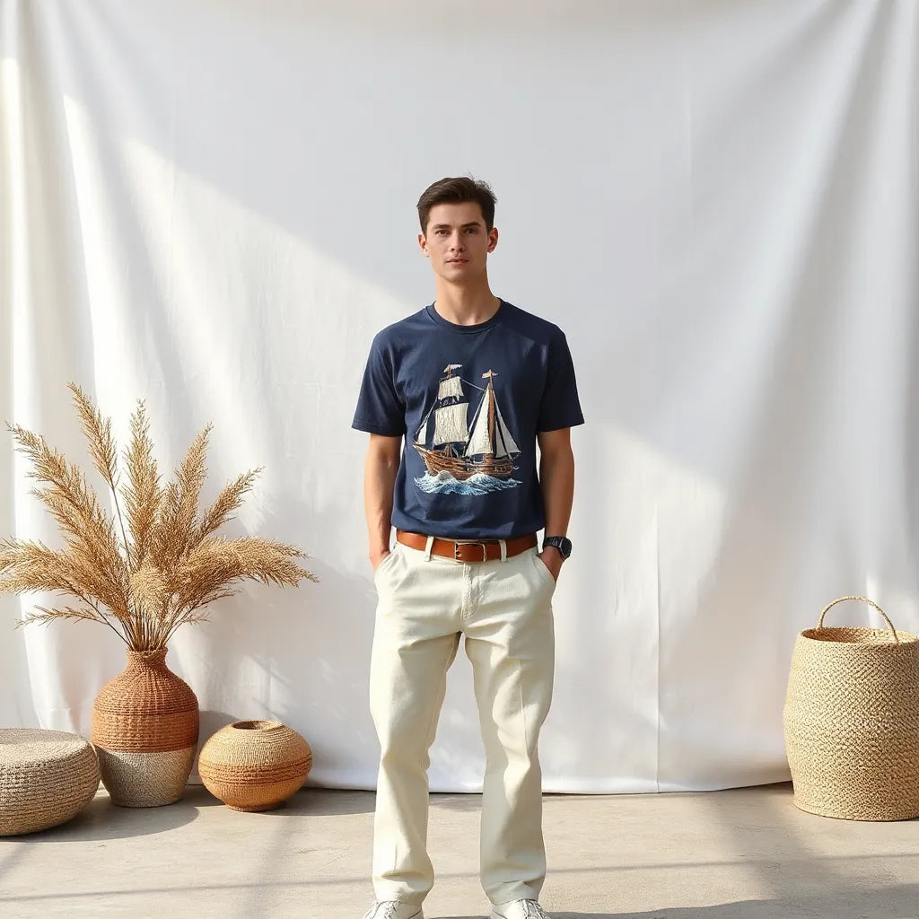 Navy nautical illustration shirt with ship and waves graphic worn in a sunlit seaside outfit