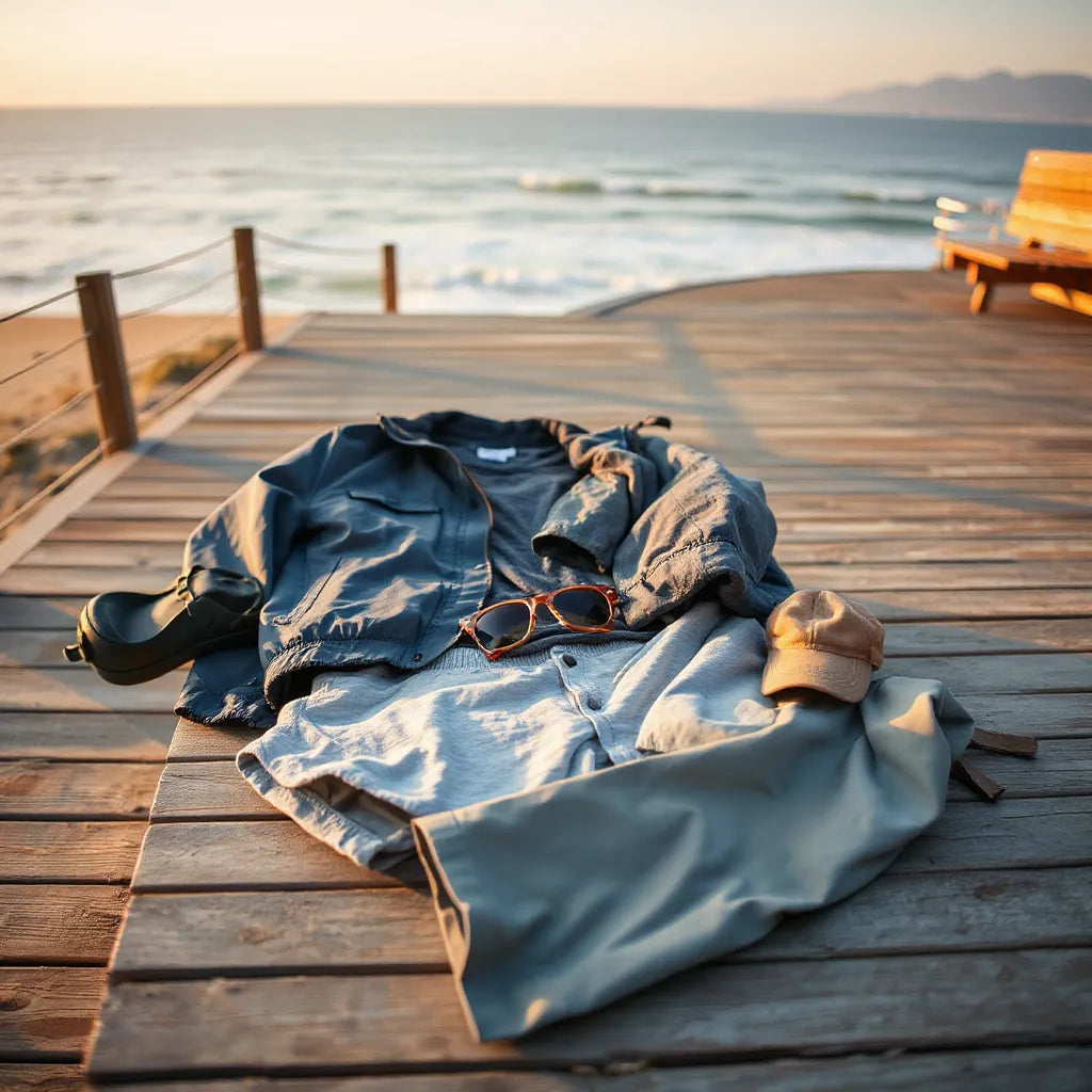 Layered coastal adventure outfit and travel essentials laid out on a seaside bench with the ocean in view