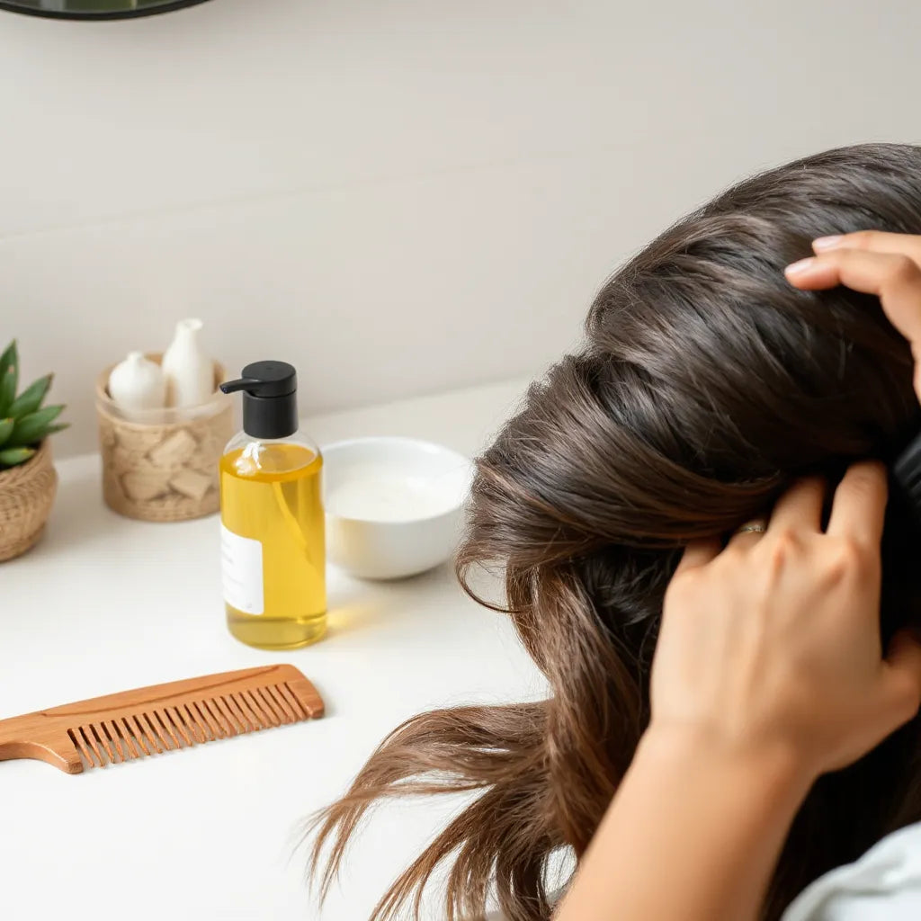 Natural hair being gently brushed with a wooden comb and natural oil and mask on a clean countertop