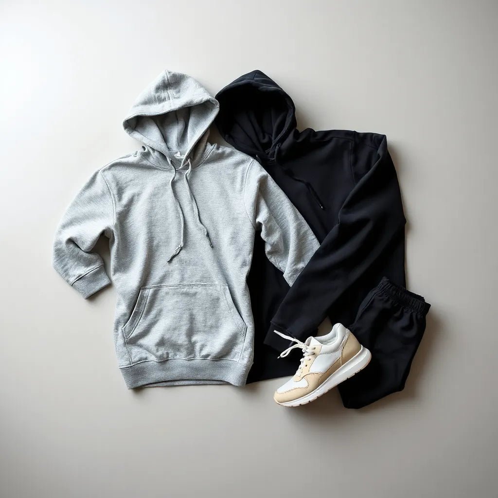 Folded unisex hoodies with casual joggers and white sneakers on a minimalist background