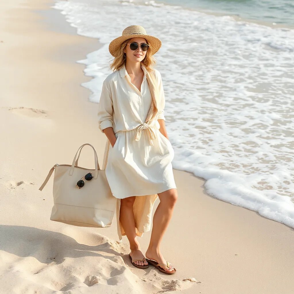 Stylish summer beach outfit near sand with a linen shirt, breezy dress, sandals, hat, and sunglasses