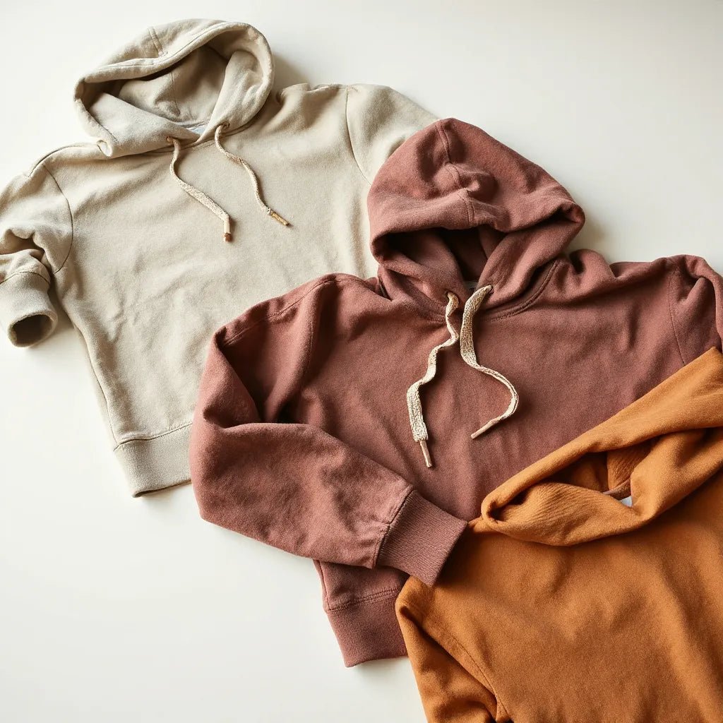 Neatly arranged garment-dyed hoodies showing rich colors and textured fabric