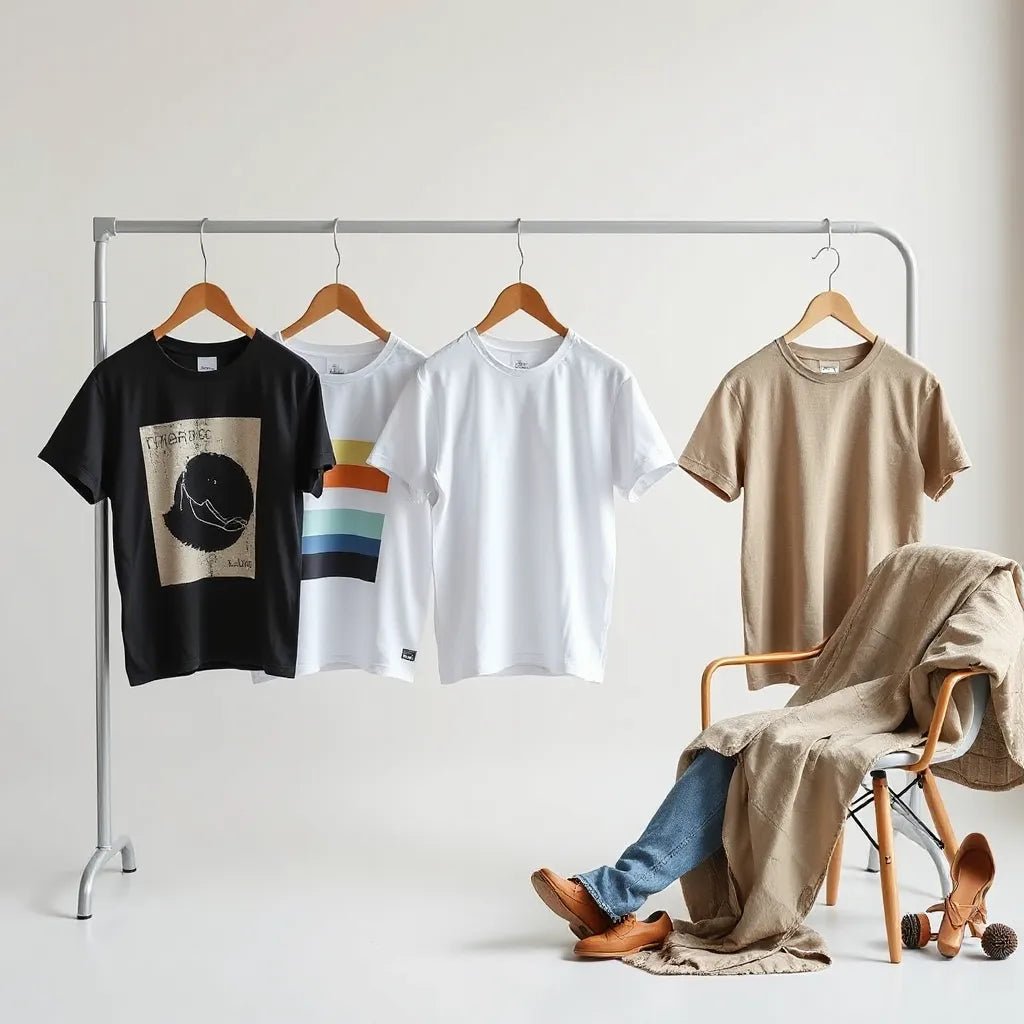 Men’s graphic t-shirts on a minimalist rack with jeans and a lightweight overshirt in a bright studio setting