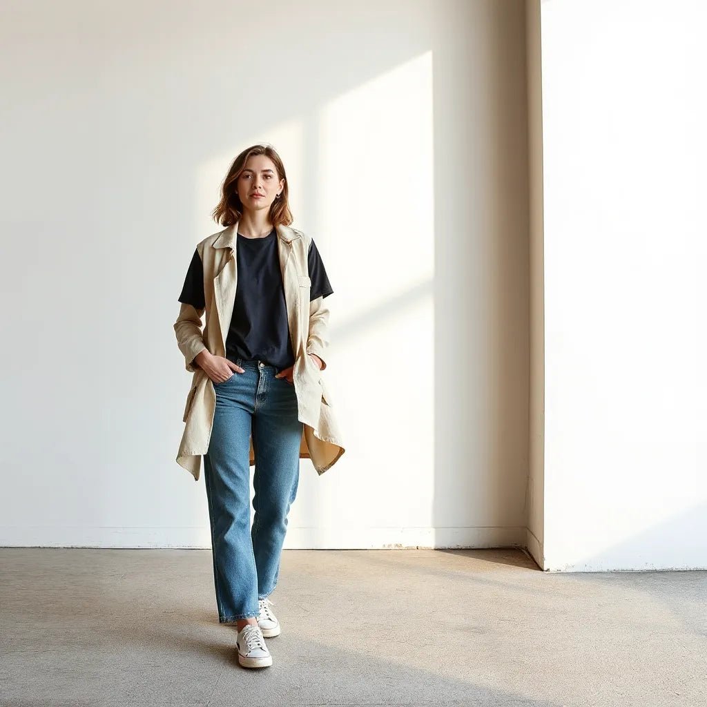 Woman styling graphic t-shirts with jeans and a light jacket in bright daylight outdoors