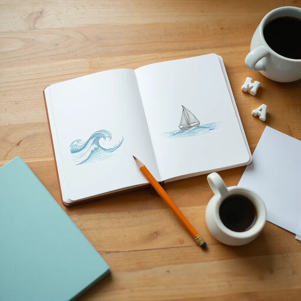 Sketchbook with hand-drawn ocean waves and seafoam swirls on a wooden desk