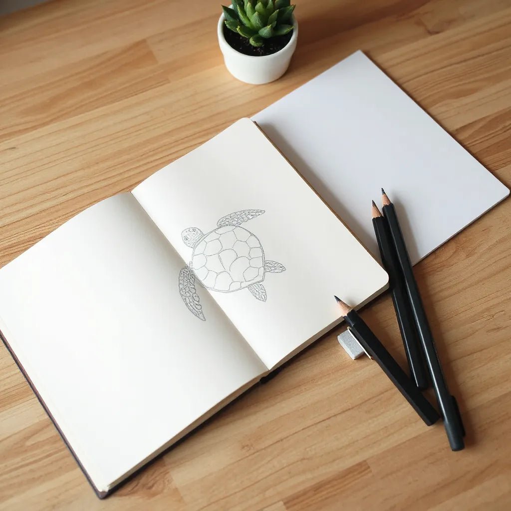 Hand-drawn turtle illustration in a sketchbook with fine-line ink and subtle green and blue coloring