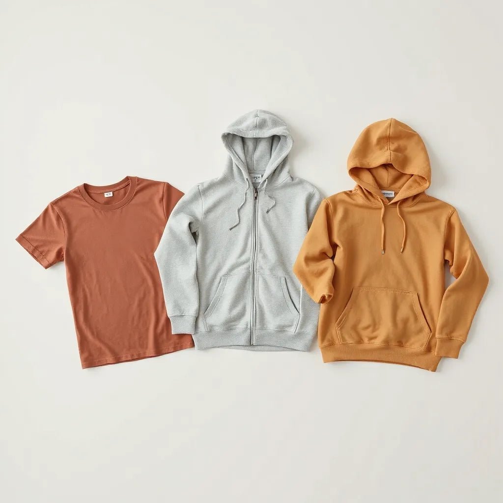Graphic t-shirt and hoodies with modern custom designs laid out on a light background