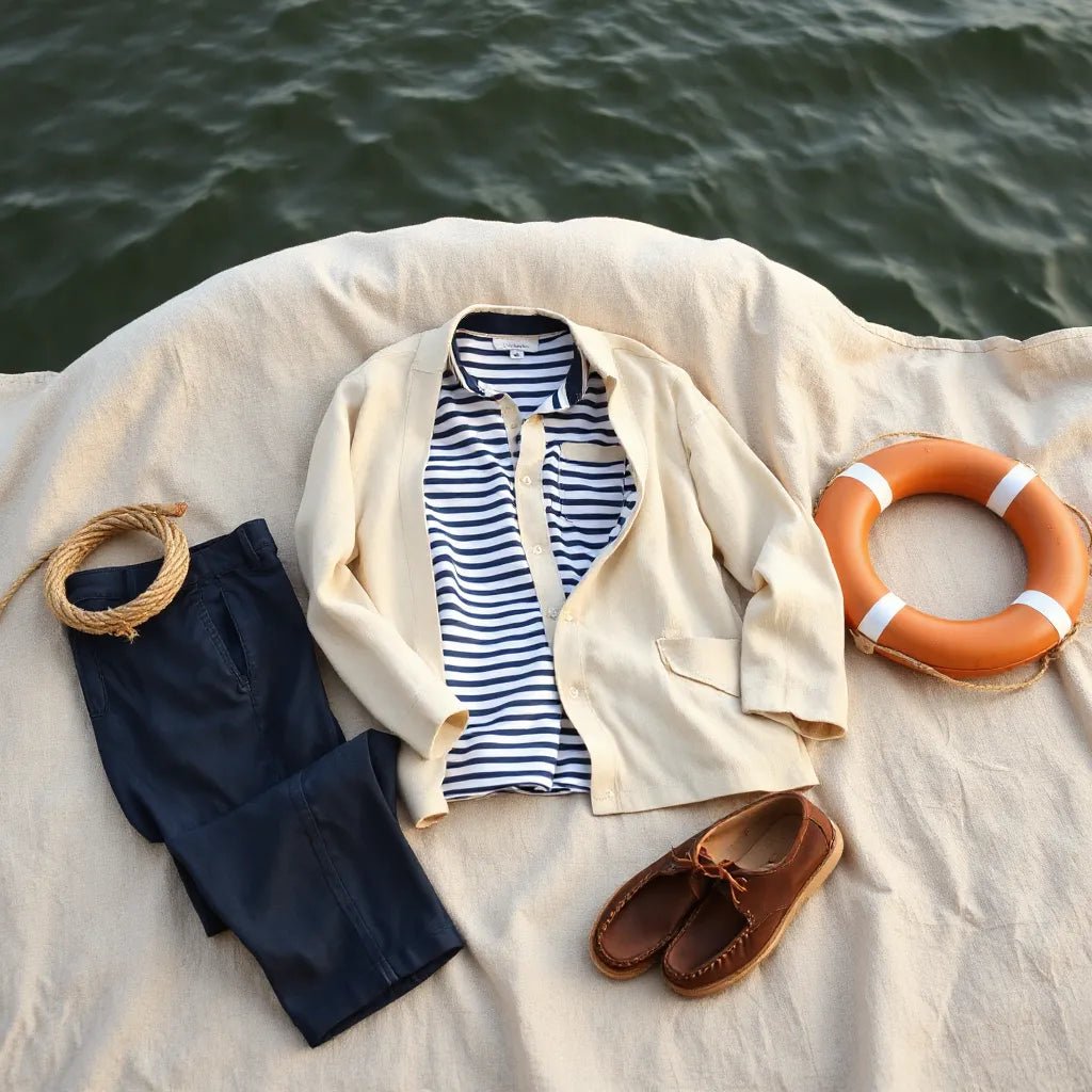 Navy striped sailor shirt and deck shoes styled on linen beside a calm shoreline