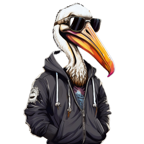 Hoodie graphic of a pelican wearing a hoody with sunglasses on.