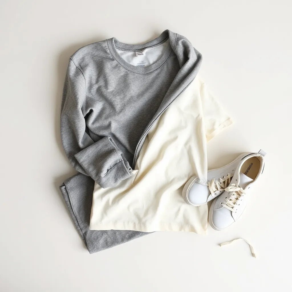 Soft cotton casual wear essentials laid out neatly with visible fabric textures and neutral tones