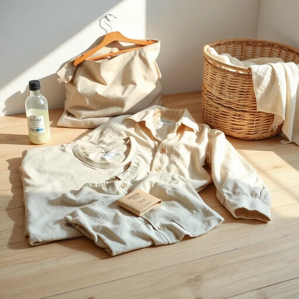 Sunlit cotton garments in natural tones laid out with a linen bag and laundry items nearby