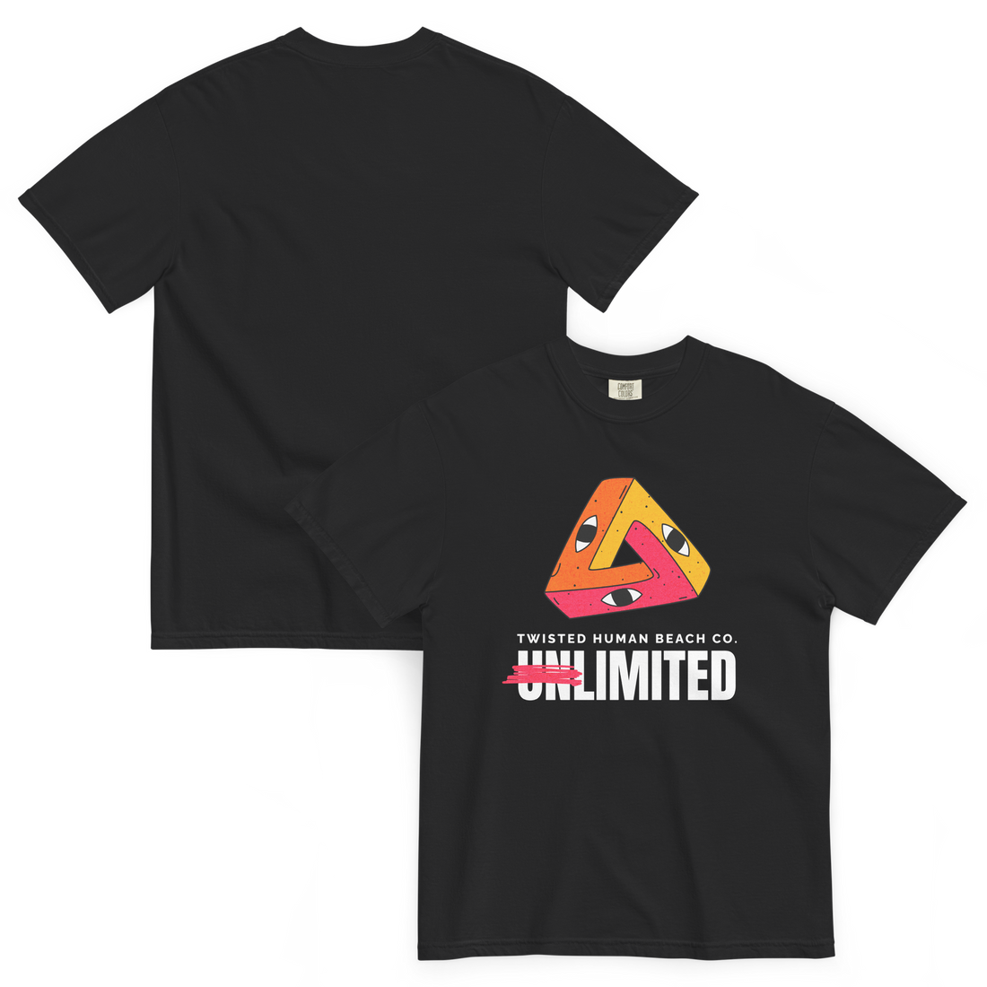 black short sleeve t-shirt with a geometric graphic on the front and the words unlimited written below the graphic image.
