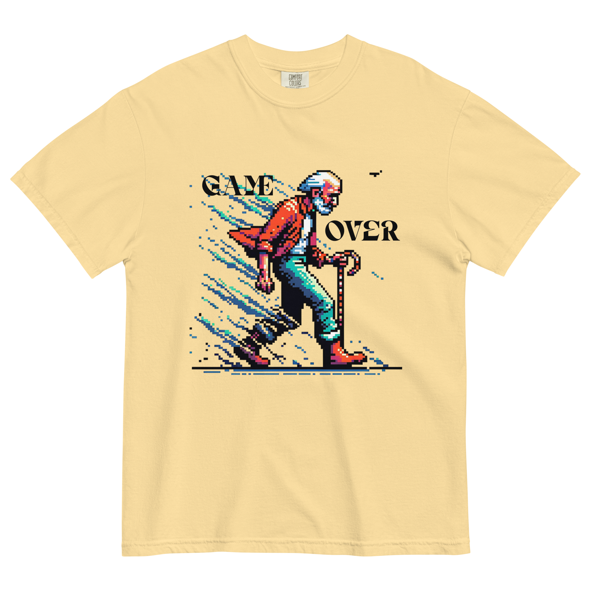 Yellow heavy weight short sleeve t-shirt with old man game over graphic on the front