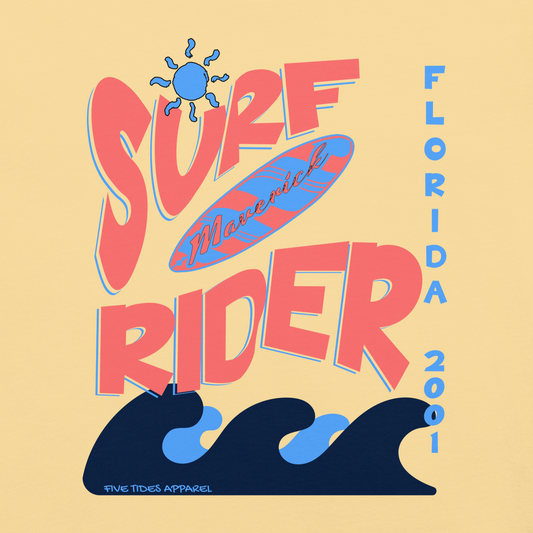 yellow t-shirt with surf rider graphic on the front