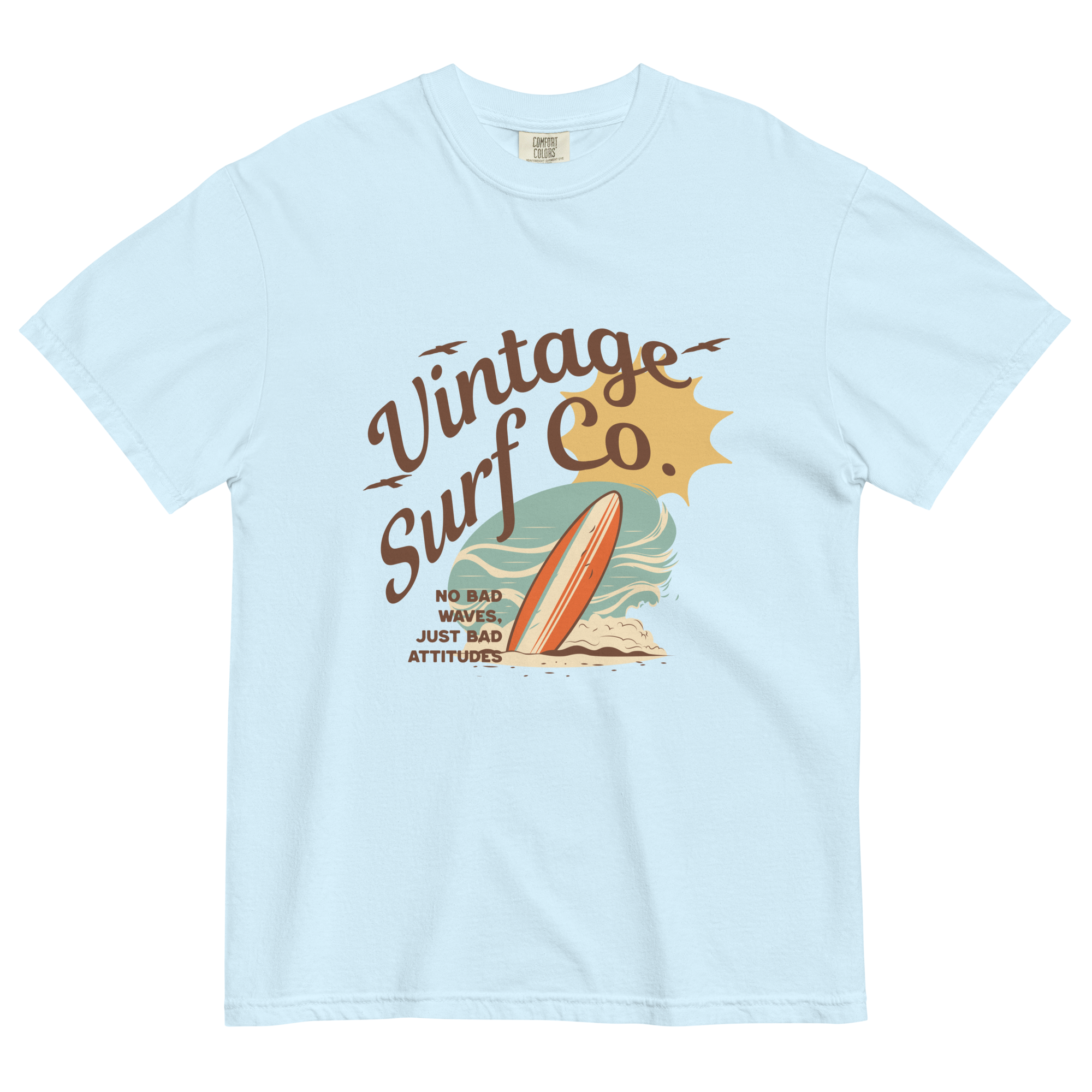 blue t-shirt with vintage surf board on the front