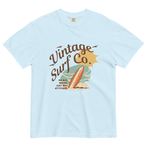 blue t-shirt with vintage surf board on the front