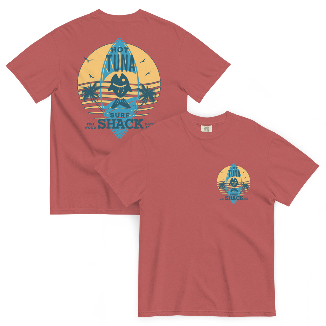 red 100 percen cotton t-sirt with a hot tuna graphic on the front in yellow.
