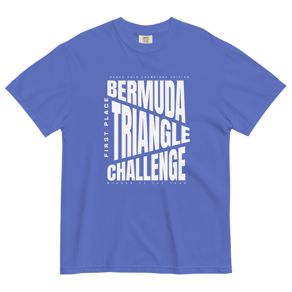 heavy way blue t-shirt with bermuda triangle graphic on the front