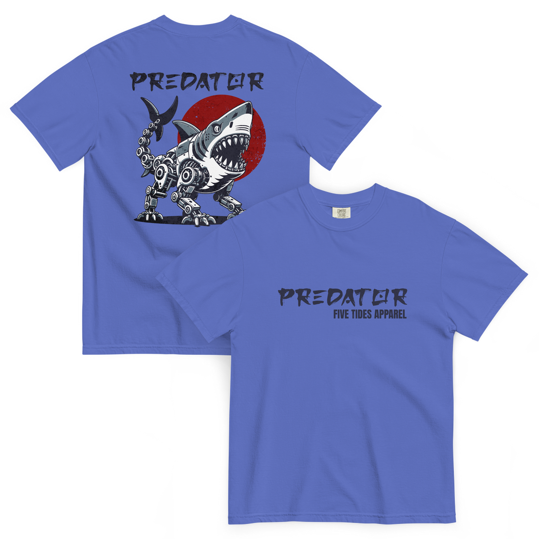 Soft cotton blue short sleeve t-shirt with a shark that has machine legs on the back with predator written and on the front predator is written 