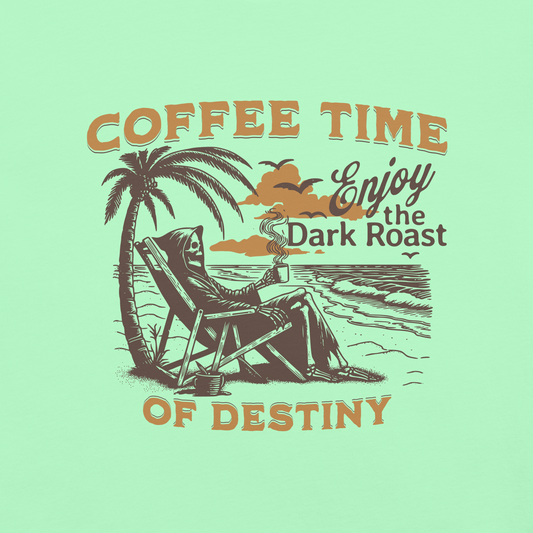 green t-shirt with death drinking coffee on the beach graphic