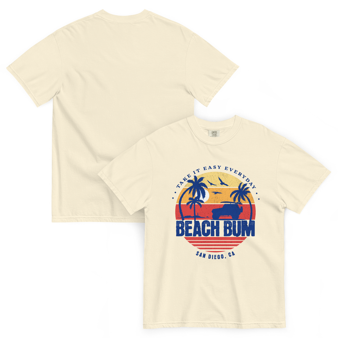 Short sleeve t-shirt with beach bum graphic in blue on the front