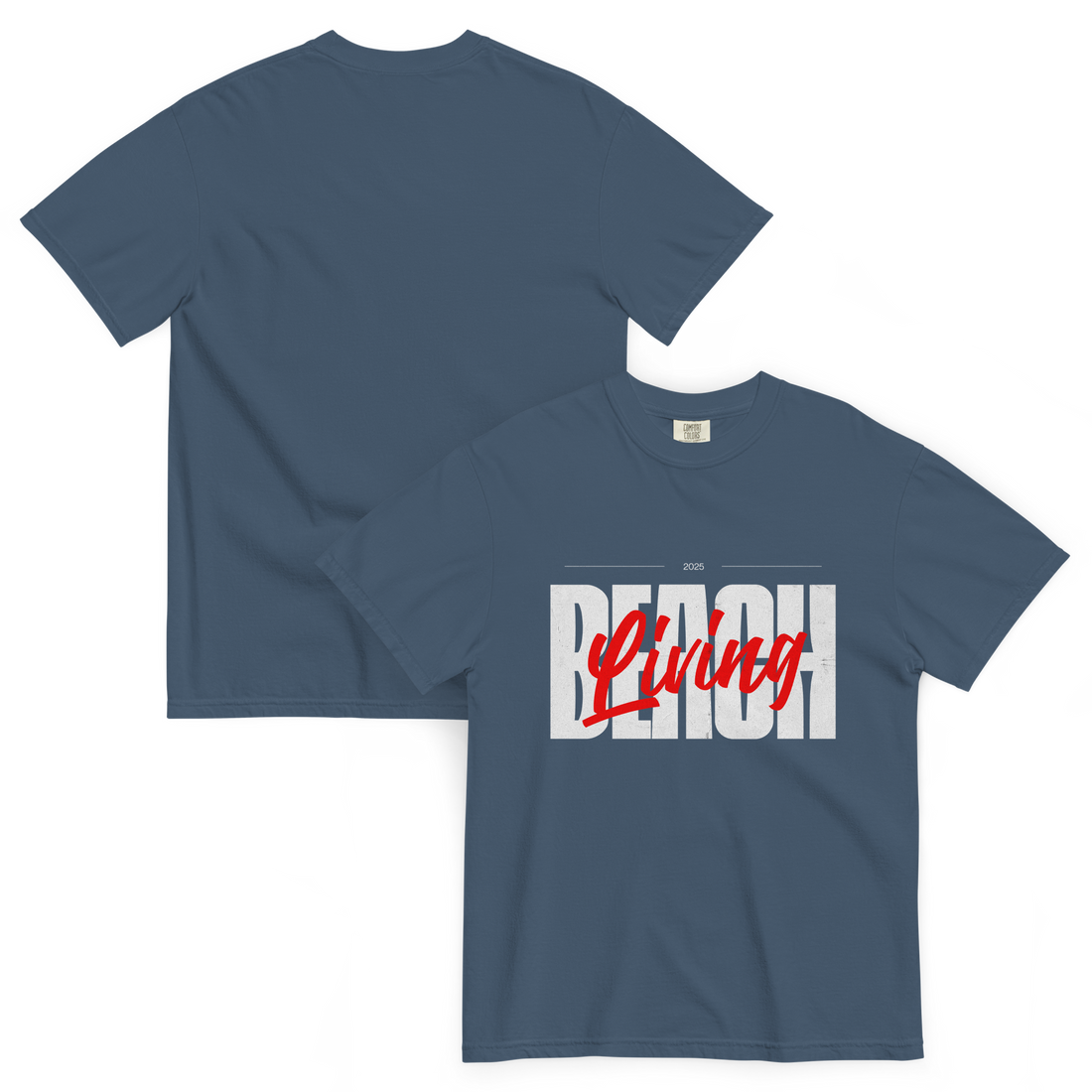 midnight blue t-shirt with Beach written boldly in white and living written in red in cursive. 