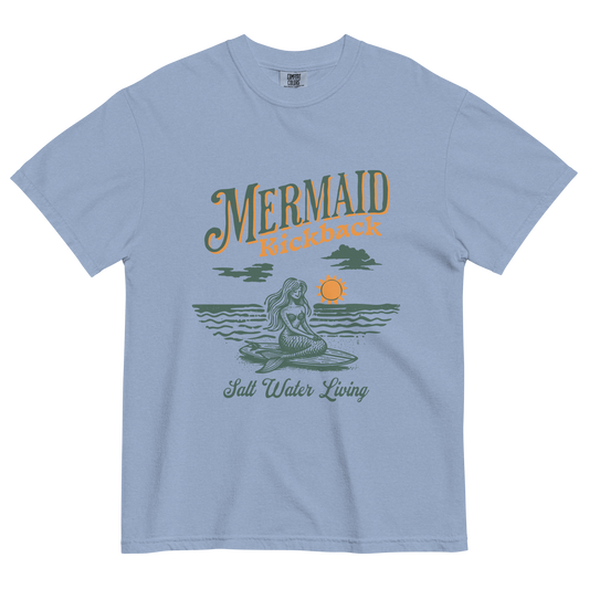 sky blue t-shirt with a mermaid graphic on the front