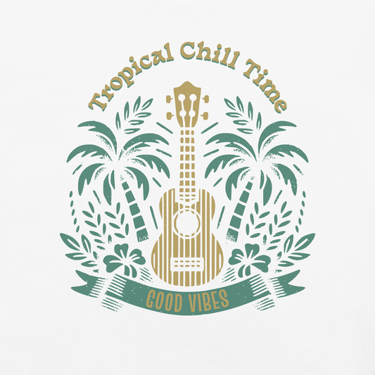 white t-shirt with tropical chill time graphic on the front