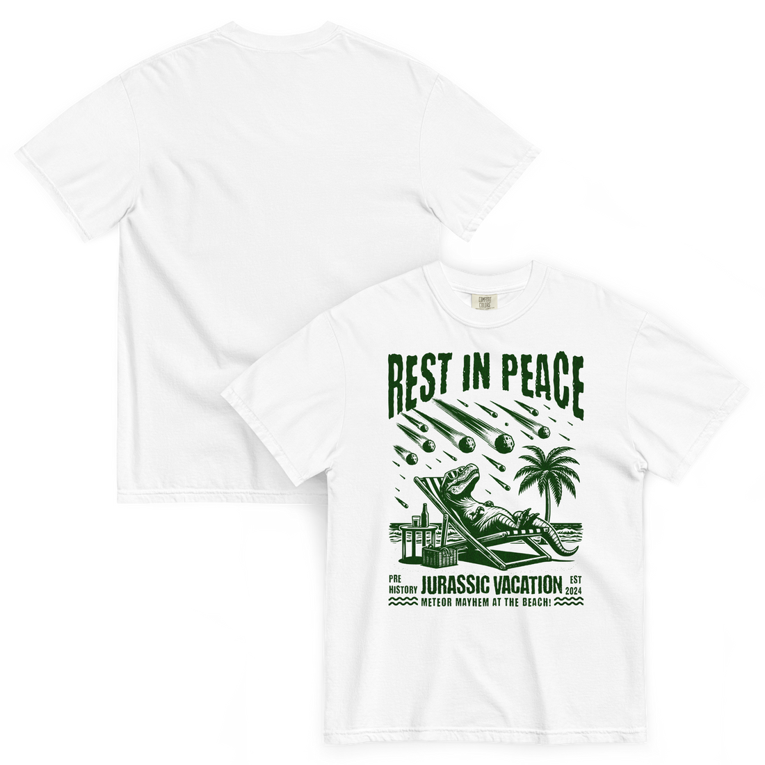 White cotton short sleeve t-shirt with a t-rex sitting in a chair while asteroids fall and the graphic is in all green