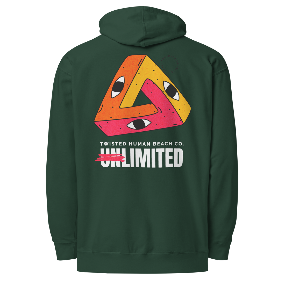 green hoodie with twisted human unlimited graphic on the back