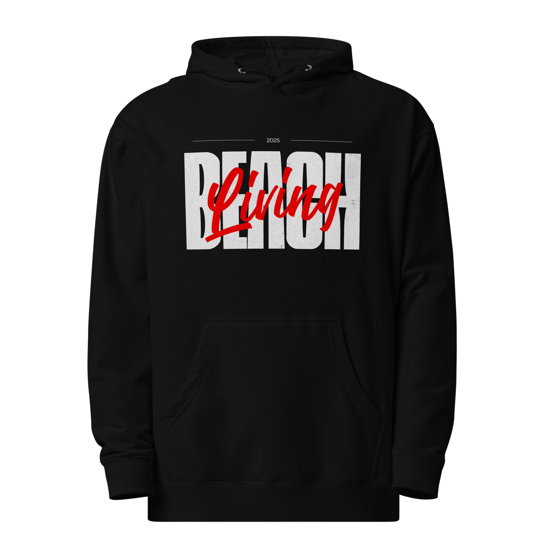black hoodie with beach living graphic on the front