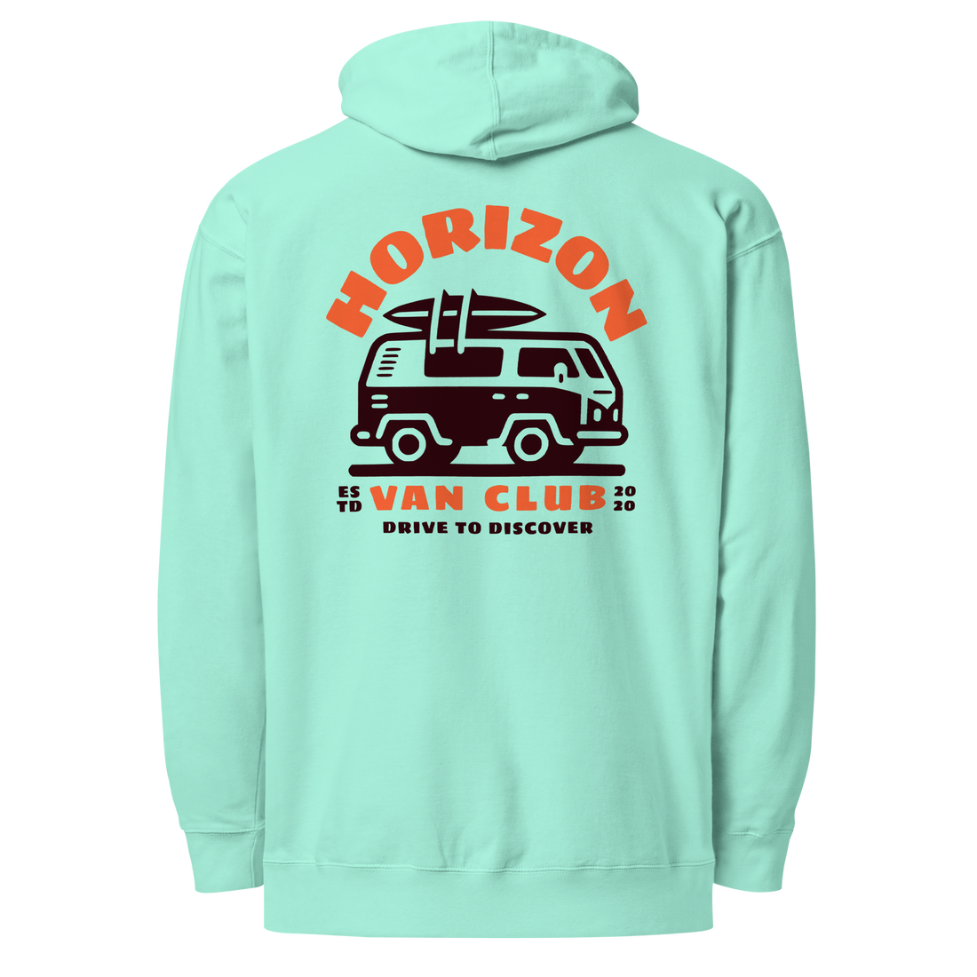 green hoodie with Horizon can club graphic on the back