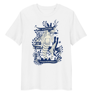 white _-Shirt with naked mermaid graphic on the front 