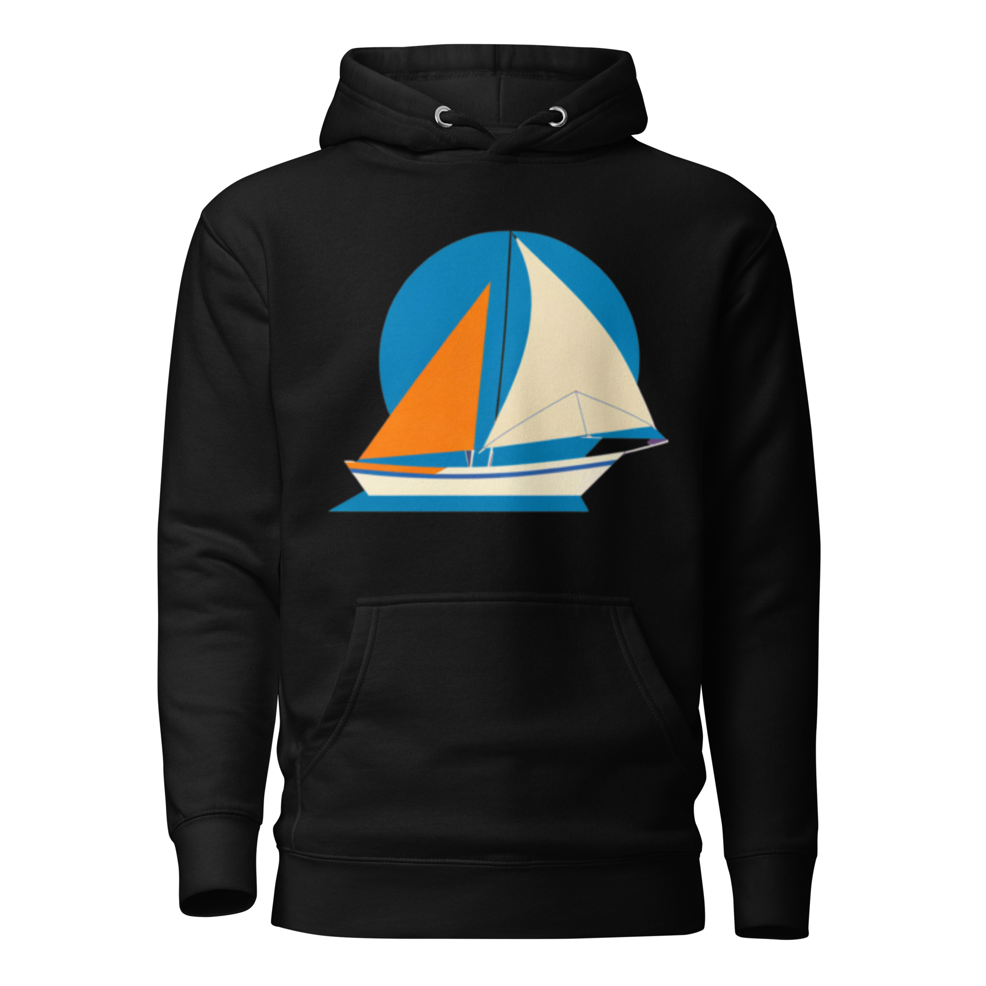 Sailboat with orange and white sales on a large cotton black hoodie