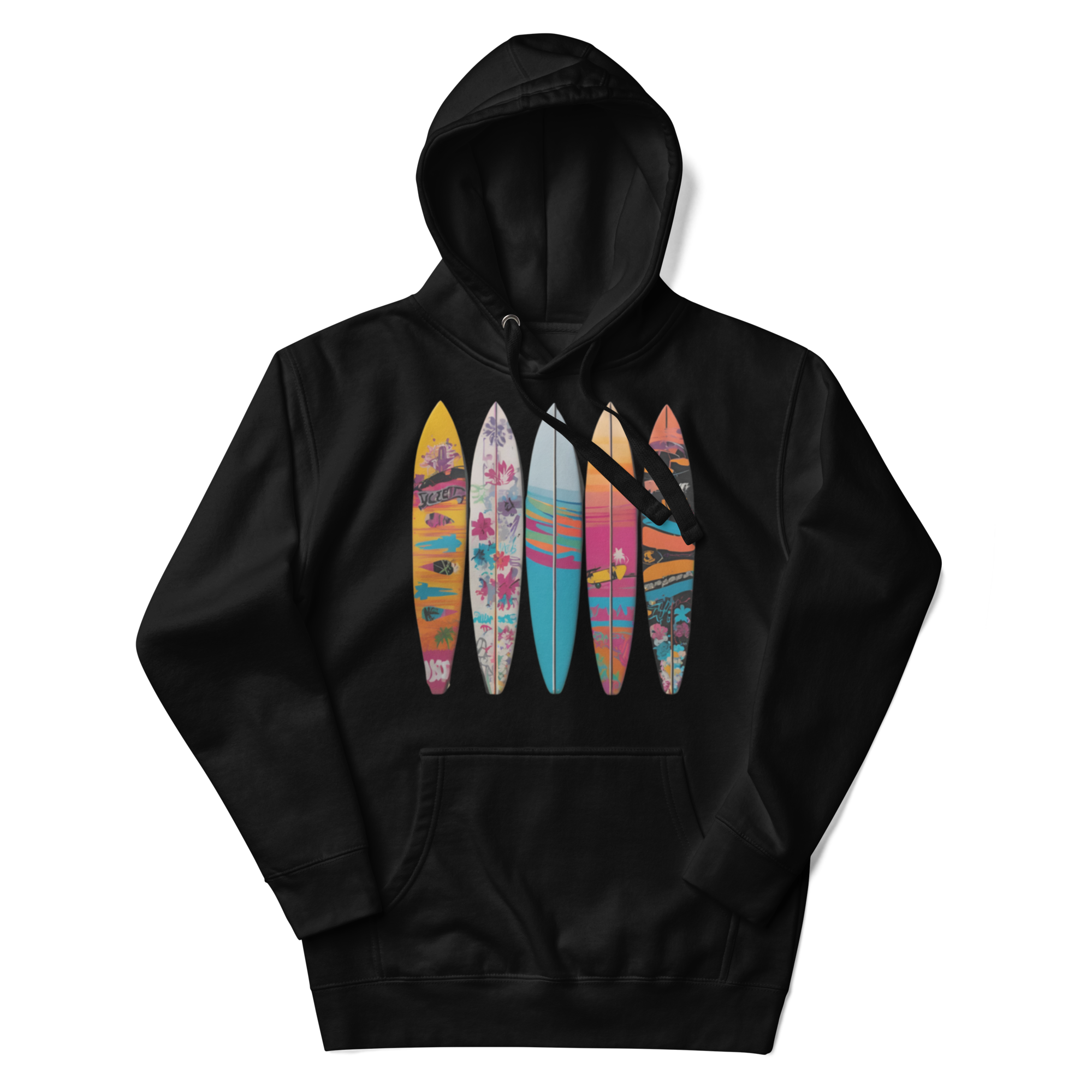 Black hoodie with 5 graffiti colored surf board on it.