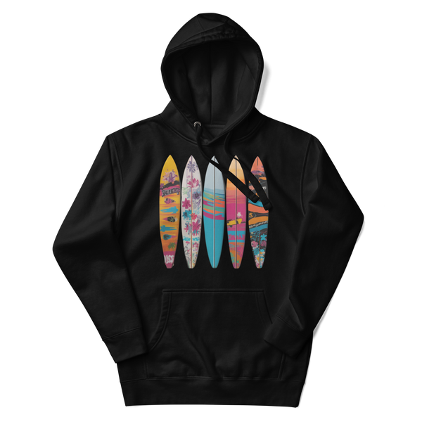 Black hoodie with 5 graffiti colored surf board on it.