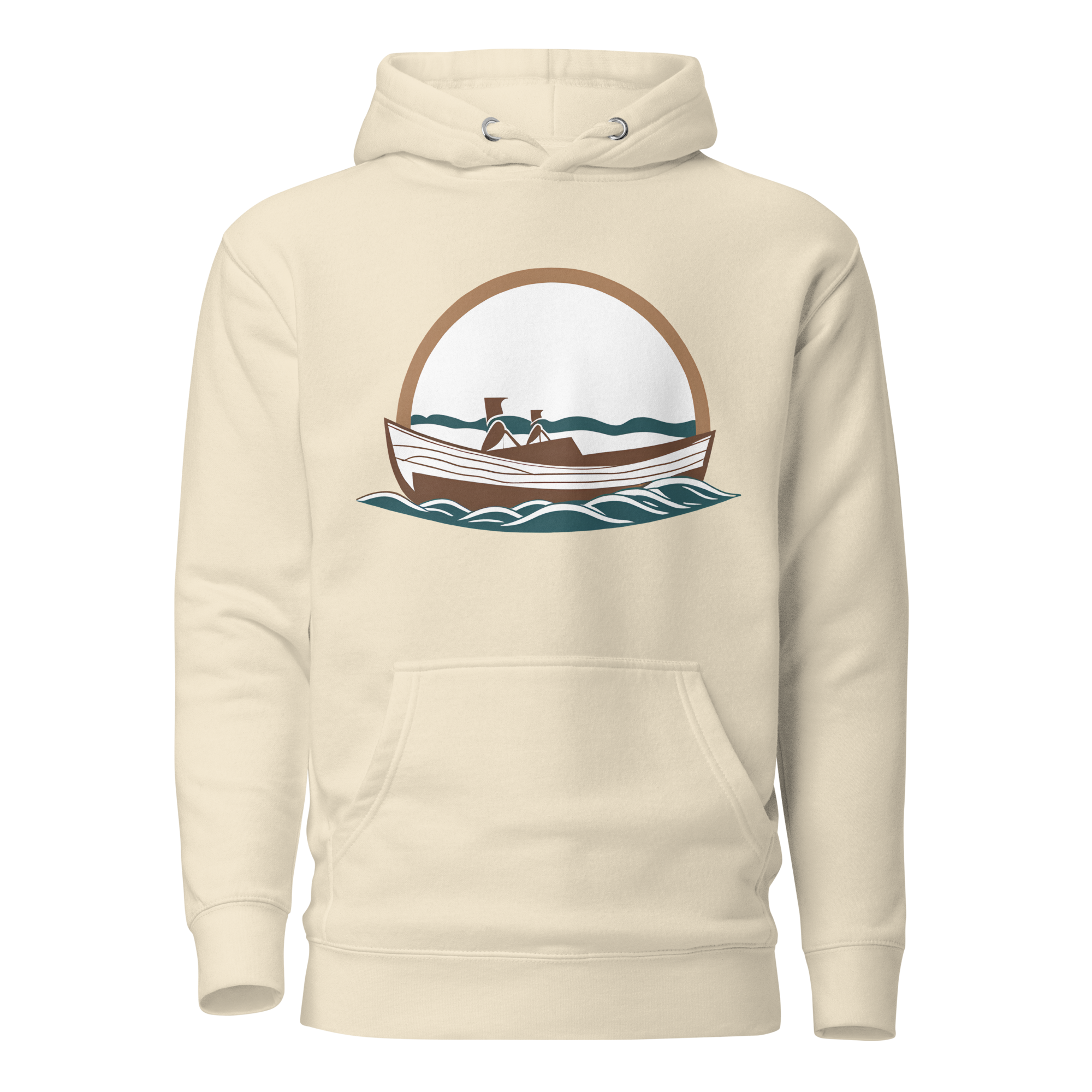 vintage wooden boat on a bone colored soft hoodie