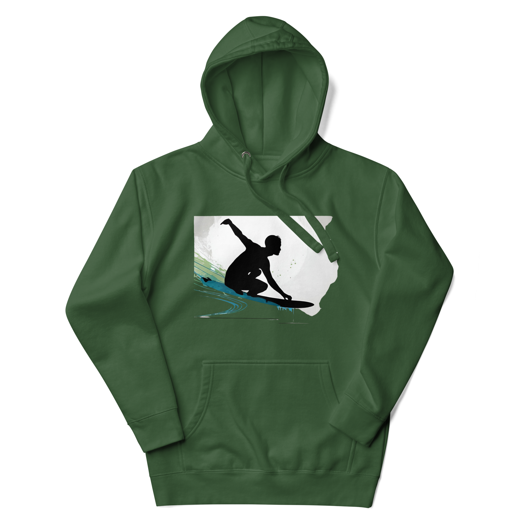 Green premium material made hoodie with a surfer graphic on the front.