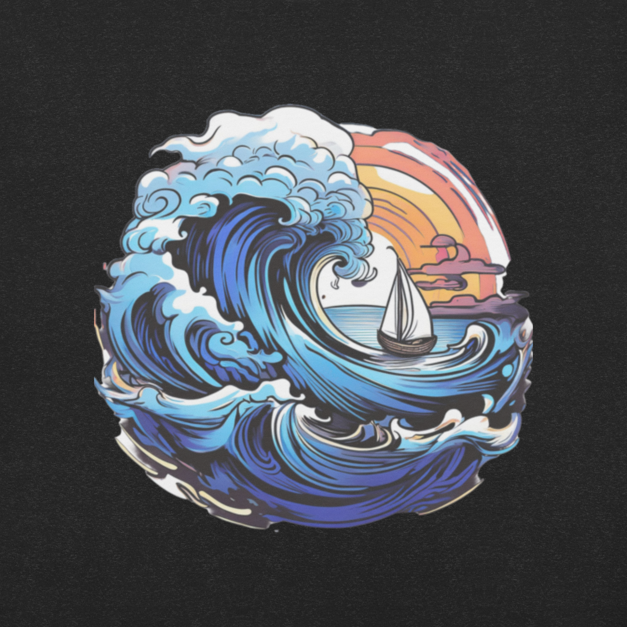 graphic design of a ocean wave crashing over a small sail boat on a black t-shirt